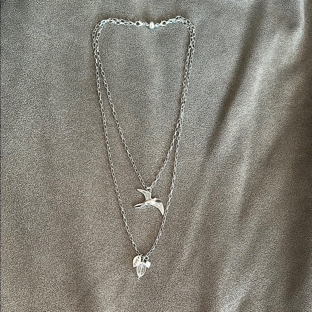 Silver Bird and Leaf Pendant Necklace